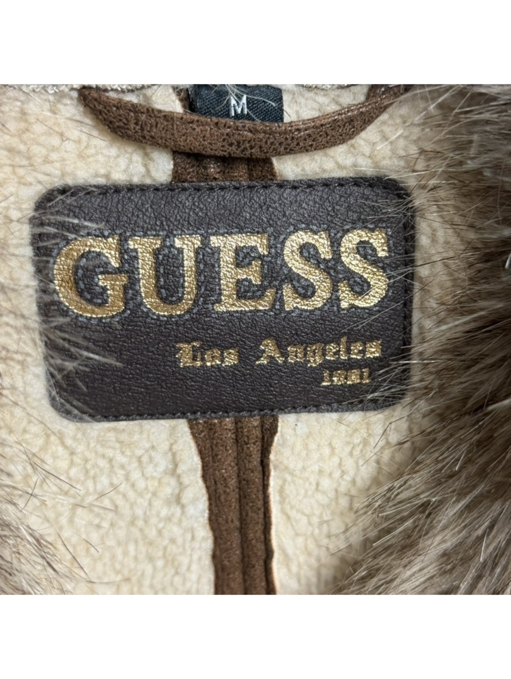 GUESS Brown Faux Shearling Jacket Faux Fur Collar Women’s Medium Y2K - Picture 3 of 6